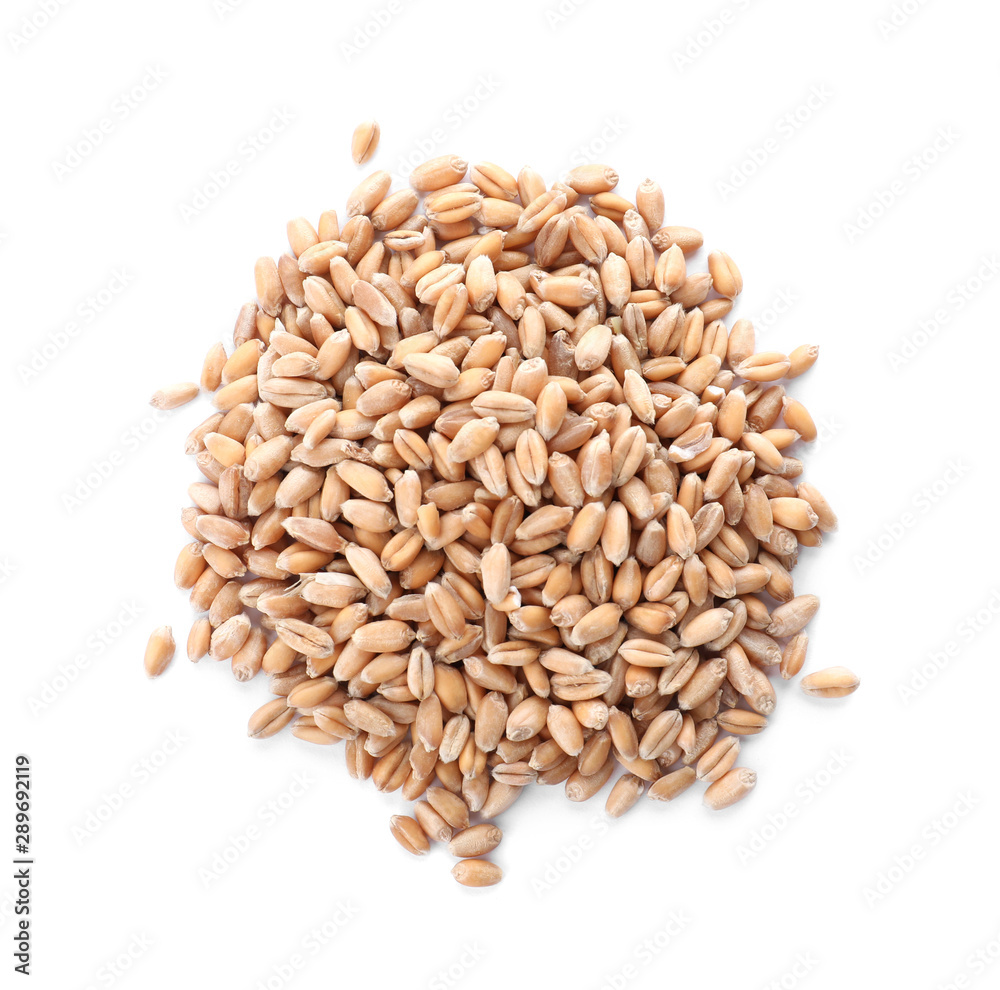 Pile of wheat grains on white background, top view. Cereal crop Pile of wheat grains on white background, top view. Cereal crop