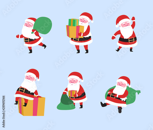 Cartoon Santa Claus Collection. Merry Christmas, Winter Holidays, Happy New Year Card. Funny Santas Characters with Gift Boxes for Banner, Postcard, Invitation. Vector flat illustration