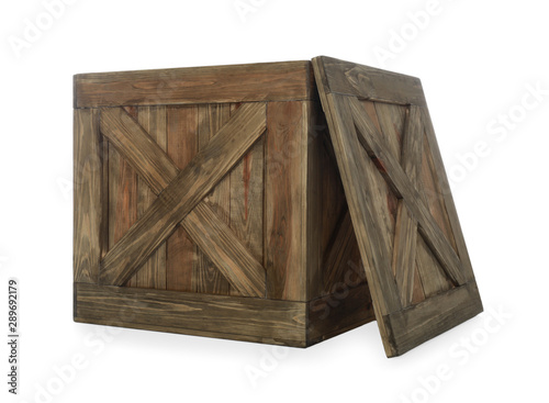 Old open wooden crate with lid isolated on white