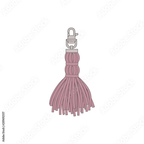 Violet tassel with a fringe of threads on a metal carabiner for decoration.