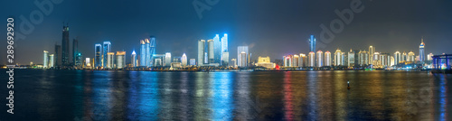 At night, the Lighting Show is on the city skyline, Qingdao, China