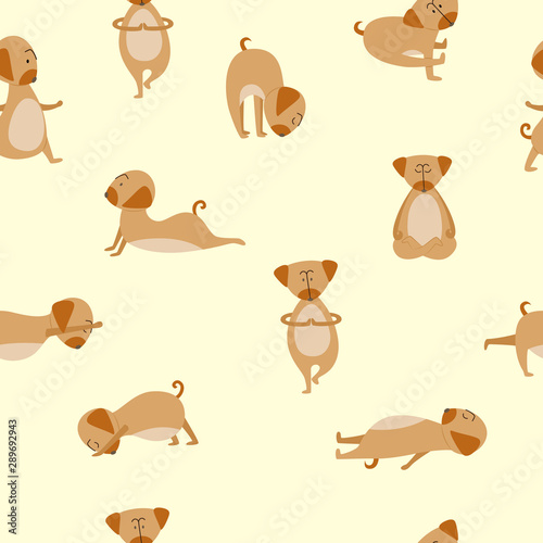 Seamless pattern with dog or puppy does yoga asanas flat vector illustration.