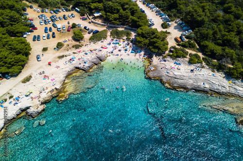 Kamenjak Njive beach near Premantura, Istria , Croatia. Aerial drone photo , summer 2019 photo