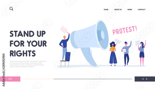 Angry Young People Holding Banners and Placards on Protest Landing Page. Political Meeting or Rally with Loudspeaker. Man and Woman Protesting on Demonstration for Banner, Website. Vector illustration