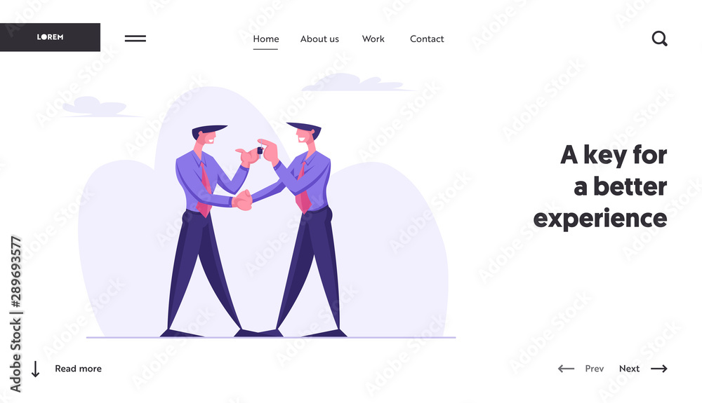 Car Sharing, Leasing or Purchasing New Automobile Website Landing Page. Business Man Giving Keys to another Businessman. Dealer Agent and Customer Deal Web Page Banner Cartoon Flat Vector Illustration Car Sharing, Leasing or Purchasing New Automobile Website Landing Page. Business Man Giving Keys to another Businessman. Dealer Agent and Customer Deal Web Page Banner Cartoon Flat Vector Illustration