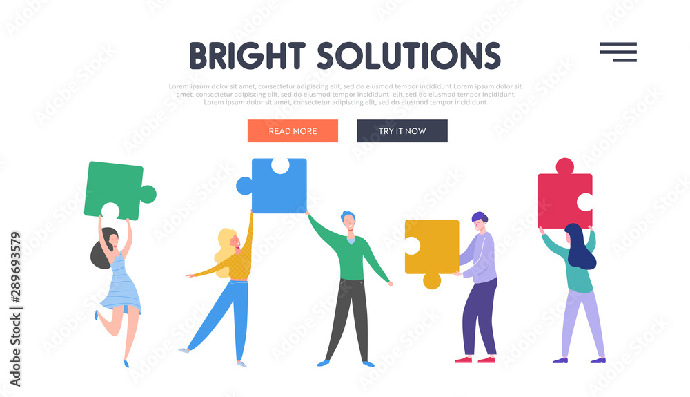 Business Teamwork Landing Page Template. Tiny Characters Connecting Puzzle Pieces. Creative Solutions, Collaboration and Partnership with People for Banner, Website. Vector illustration