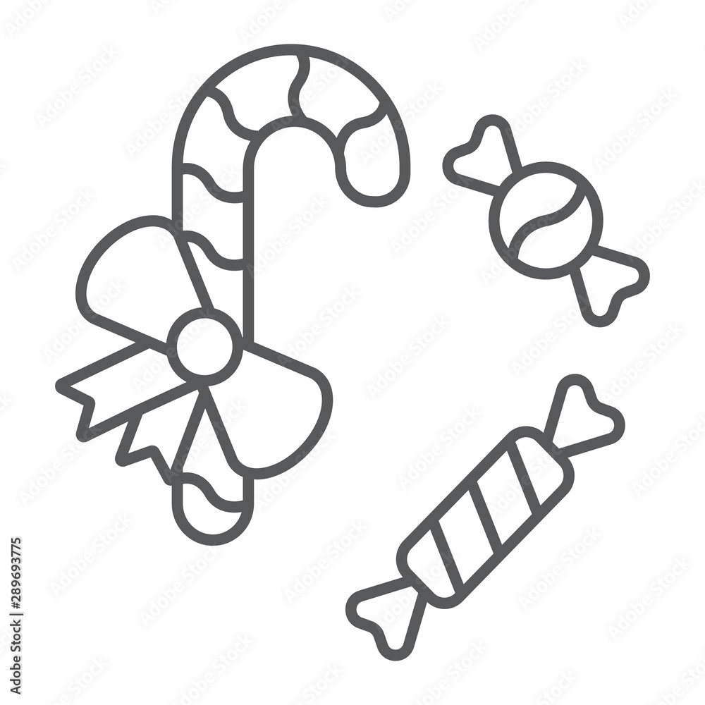 Christmas candies thin line icon, christmas and sweets, candy cane sign, vector graphics, a linear pattern on a white background. Christmas candies thin line icon, christmas and sweets, candy cane sign, vector graphics, a linear pattern on a white background.