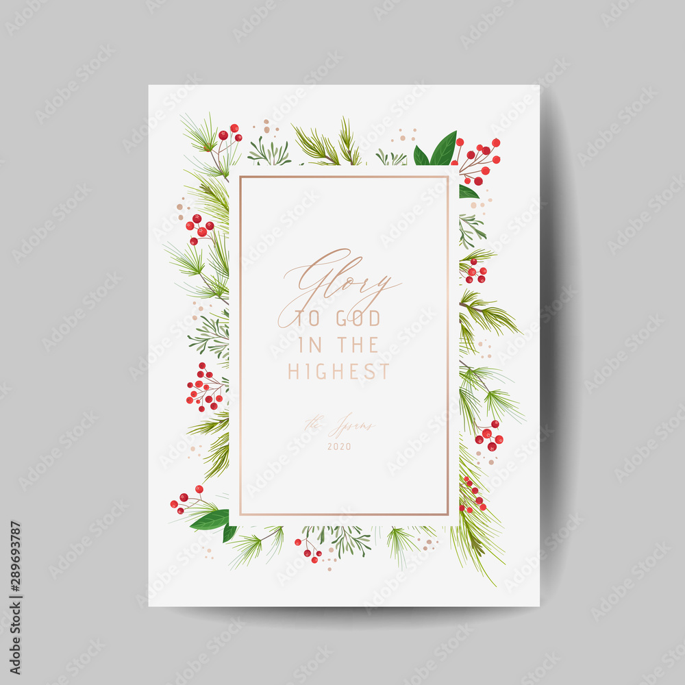 Elegant Merry Christmas and New Year 2020 Card with Pine Wreath, Mistletoe, Winter plants design illustration for greetings, invitation 2019, flyer, brochure, cover in vector