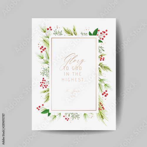 Elegant Merry Christmas and New Year 2020 Card with Pine Wreath, Mistletoe, Winter plants design illustration for greetings, invitation 2019, flyer, brochure, cover in vector