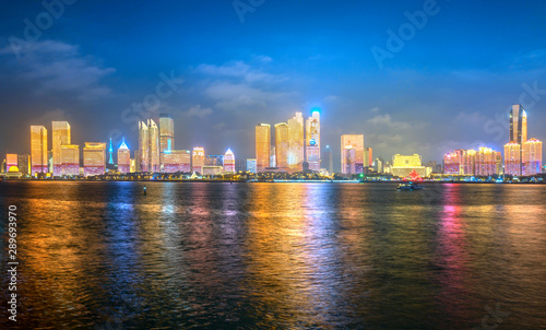 At night  the Lighting Show is on the city skyline  Qingdao  China