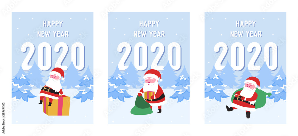 Merry Christmas Postcards Set with Santa Claus and Gifts. Winter Holidays Greeting Card Template. Happy New 2020 Year Banner with Santa on Winter Snow Landscape with Fir Tree. Vector illustration