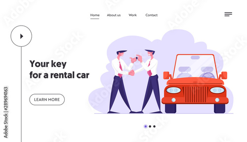 Business Car Sharing Service Website Landing Page. Auto Rental, Test Drive or Carpool. Businessman Dealer Give Key to Driver. Selling, Rent Automobile Web Page Banner. Cartoon Flat Vector Illustration