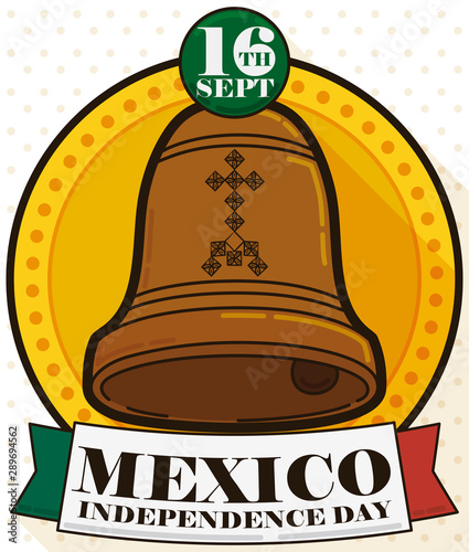 Round Button with Bell and Ribbon for Mexican Independence Day, Vector Illustration photo