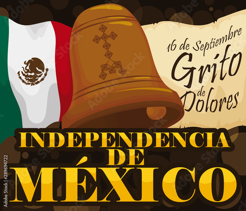 Commemorative Flag, Bell and Scroll to Celebrate Mexico's Independence Day, Vector Illustration