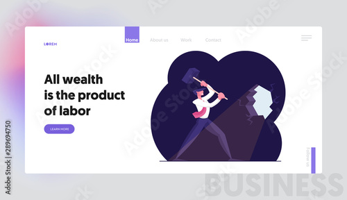 Businessman Breaking Wall Website Landing Page. Man Hitting Barrier with Hammer, Light Fall through Hole on Floor. Goal Achievement, Way for Success Web Page Banner. Cartoon Flat Vector Illustration