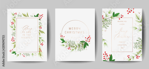 Set of Elegant Merry Christmas and New Year 2020 Cards with Pine Wreath  Mistletoe  Winter plants design illustration for greetings  invitation 2019  flyer  brochure  cover in vector