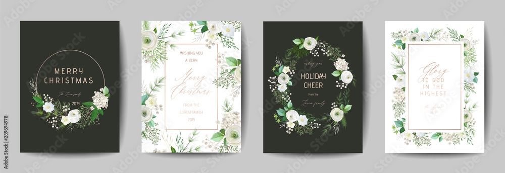 Elegant Merry Christmas and New Year 2020 Card with Pine Wreath, Mistletoe, Winter plants design illustration for greetings, invitation 2019, flyer, brochure, cover in vector - obrazy, fototapety, plakaty 