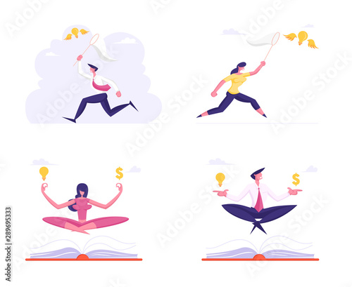 Set of Office Workers Meditating with Dollar Sign and Light Bulb. Businessman and Businesswoman Catching Flying Lightbulb with Butterfly Net, Inspiration Creative Idea Cartoon Flat Vector Illustration