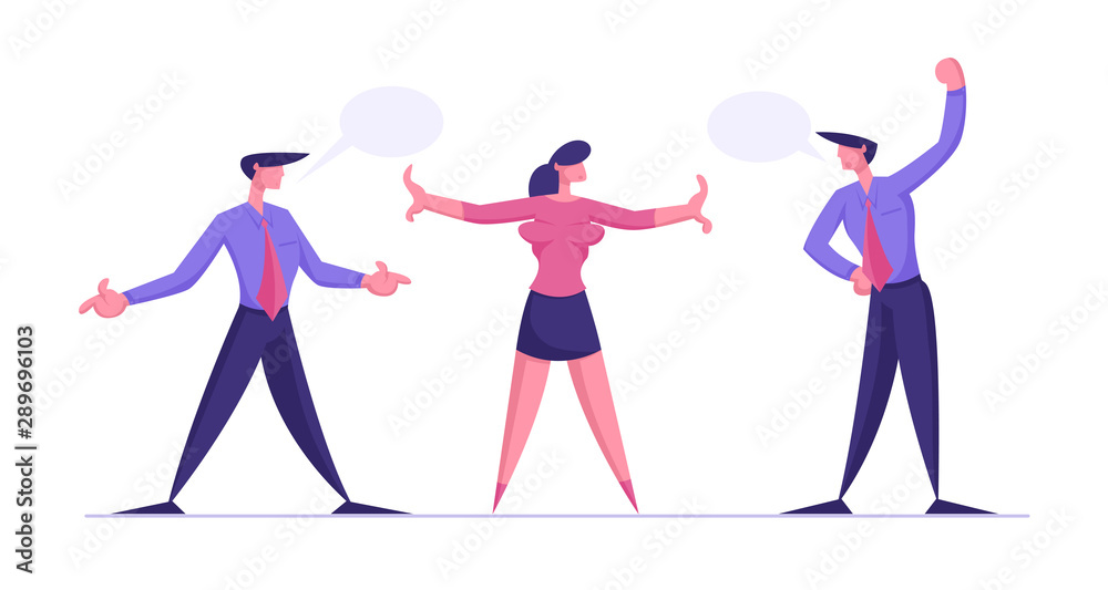 Disagreement Arguing Men Prepare to Fight. Businesswoman Trying to Stop Fighting Businessmen. Business Competition for Leadership, Challenge Different Point of View. Cartoon Flat Vector Illustration