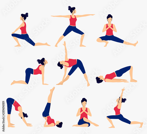 Various yoga poses set. Female yoga vector illustration. Healthy lifestyle.
