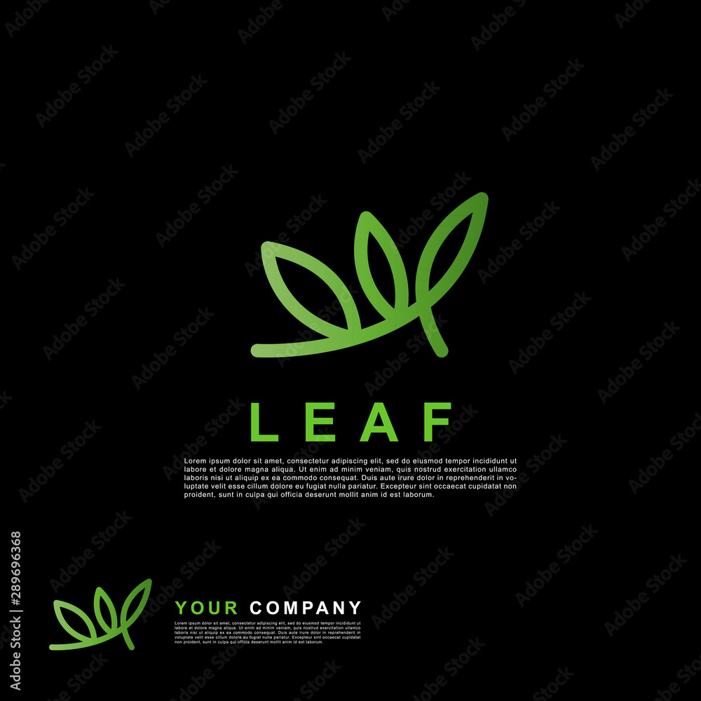 Green leaf logo template. Line art style logo design concept.