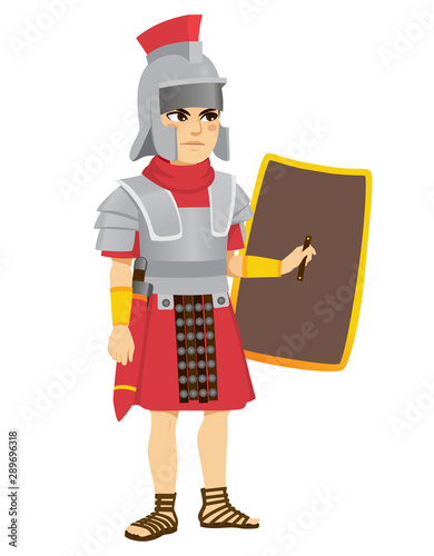 Roman legionary soldier with sword on belt holding shield