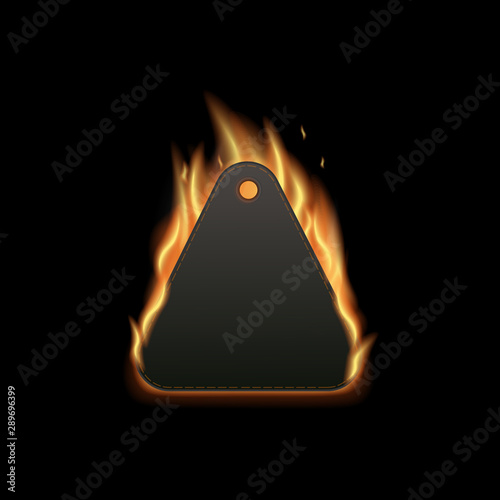 Triangle shape clothes tag on fire - burning blank price label for clothes