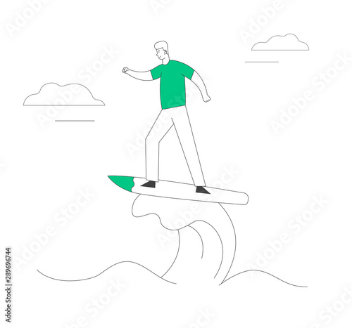 Business Success Challenge Concept. Young Businessman Staying Afloat and Surfing Waves of Change. Professional Manager Enjoying Extreme Activity Career Boost Cartoon Flat Vector Illustration, Line Art