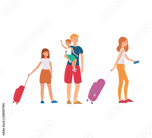 Cartoon family ready to travel - young parents with children walking