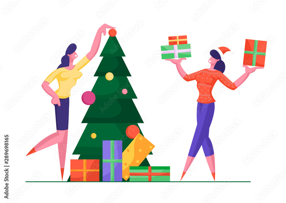 Naklejka premium Young Women Decorate Christmas Tree and Presenting Gifts to Each Other. Merry Christmas and Happy New Year Season Greeting Concept with Business People Corporate Party Cartoon Flat Vector Illustration