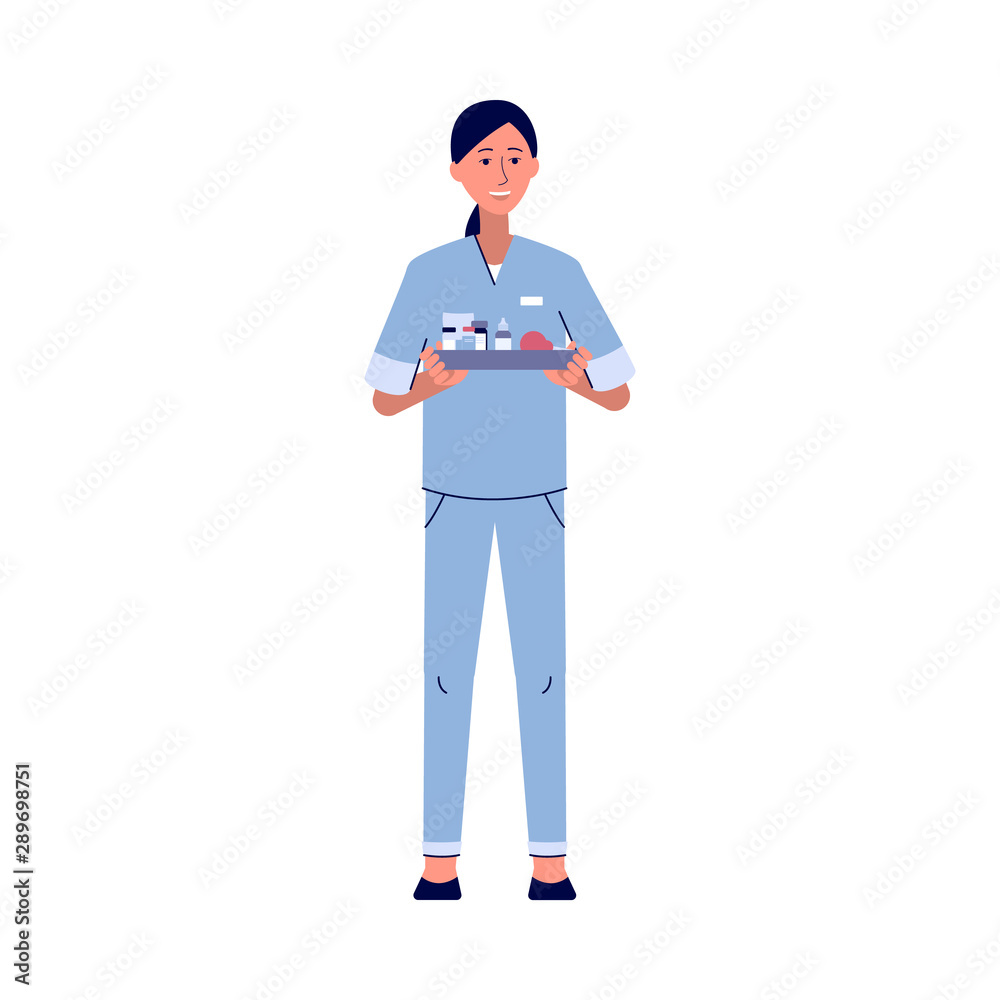 Cartoon nurse woman in professional uniform standing with tray of medicine