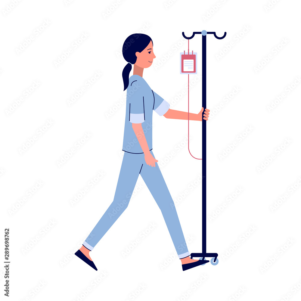 Cartoon nurse walking with IV bag full of blood on IV pole Cartoon nurse walking with IV bag full of blood on IV pole