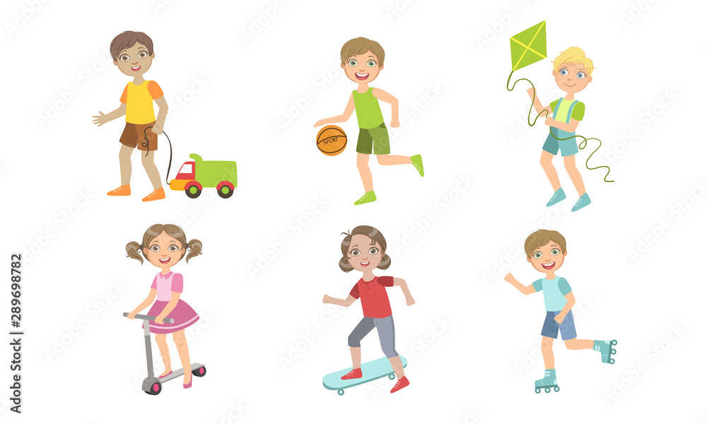 Kids Summer Outdoor Activities Set, Cute Boys and Girls Doing Sports, and Playing Vector Illustration Kids Summer Outdoor Activities Set, Cute Boys and Girls Doing Sports, and Playing Vector Illustration