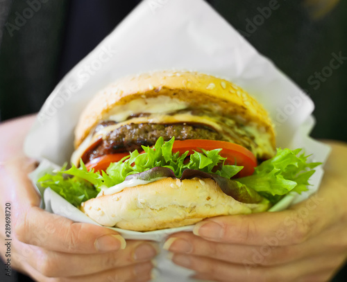 Fast food. Woman holding freshly cooked burger.