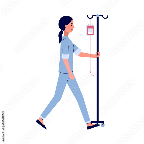 Cartoon nurse walking with IV bag full of blood on IV pole