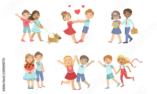 Cute Teenage Couples Set, Adorable Boys and Girls Having Good Time Together Vector Illustration