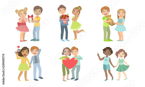 Cute Happy Teenage Couples Set, Adorable Boys and Girls Having Good Time Together Vector Illustration