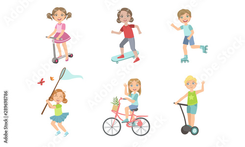 Kids Summer Outdoor Activities Set, Cute Boys and Girls Riding Bike, Rollers, Kick Scooter, Skateboard, Hovercraft, Catching Butterfly with Net Vector Illustration