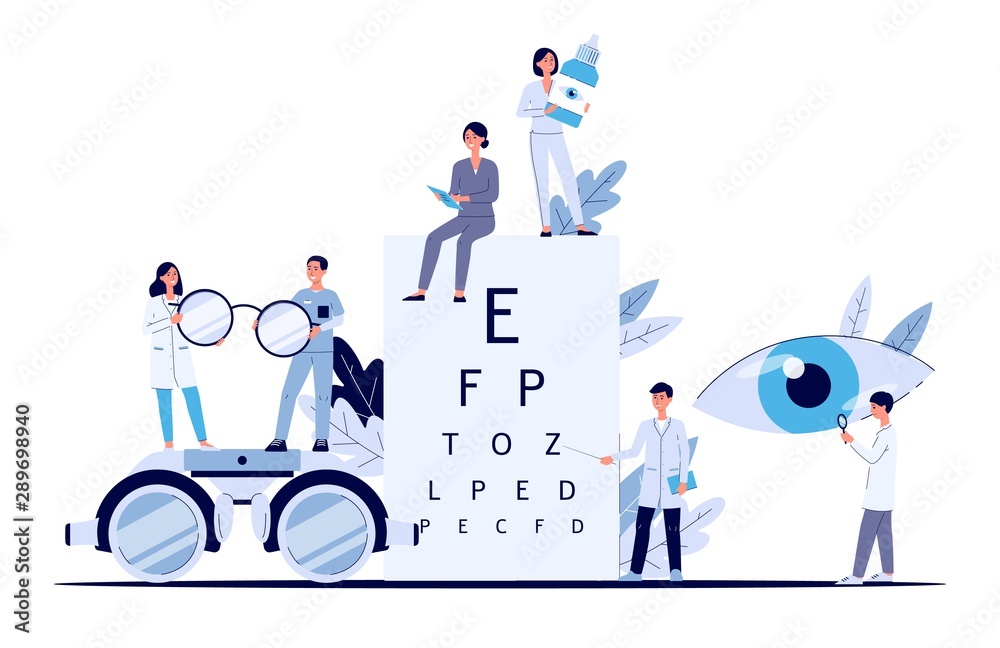 Φωτογραφία Eye doctor banner - flat cartoon poster of optometrist and ophthalmologist staff