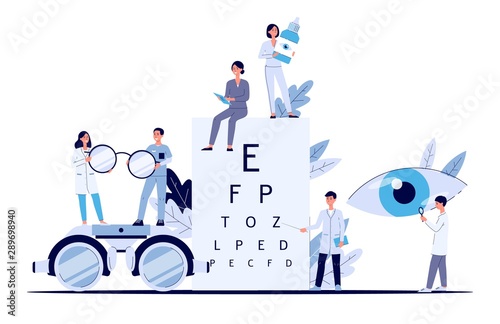 Eye doctor banner - flat cartoon poster of optometrist and ophthalmologist staff