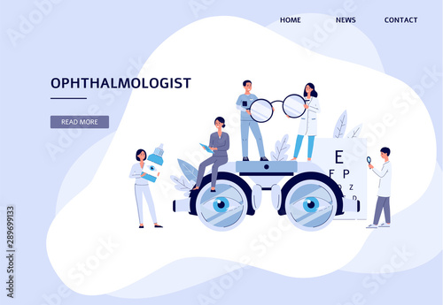 Eye clinic banner - doctor and nurse team with sight diagnostic equipment
