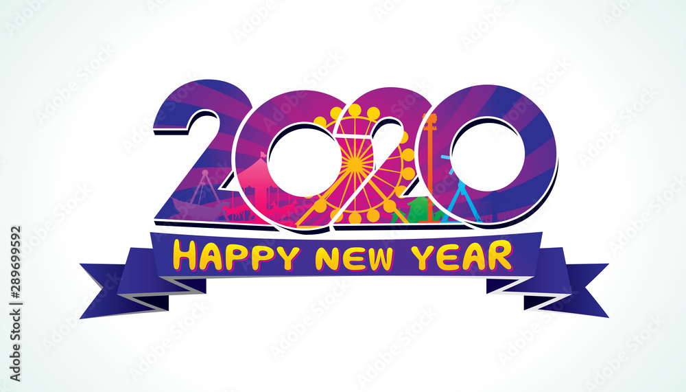 Vector Happy New Year 2020  text design with amusement and carnival funfair concept isolated on white background.