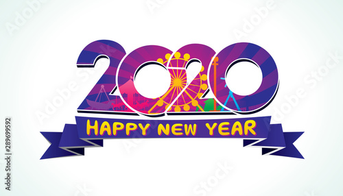 Vector Happy New Year 2020  text design with amusement and carnival funfair concept isolated on white background.