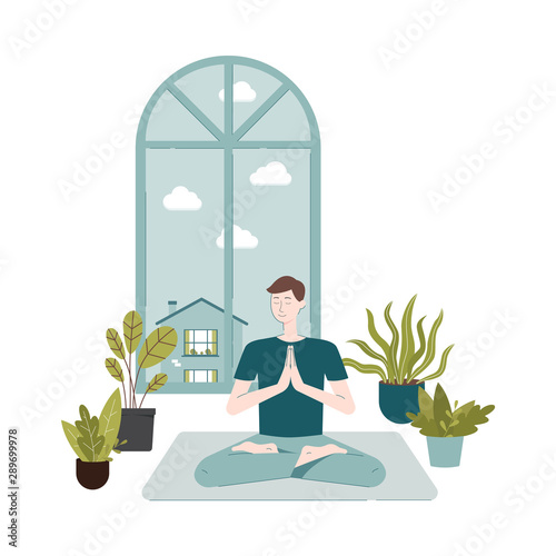 Cartoon man doing meditation sitting on yoga mat in lotus pose