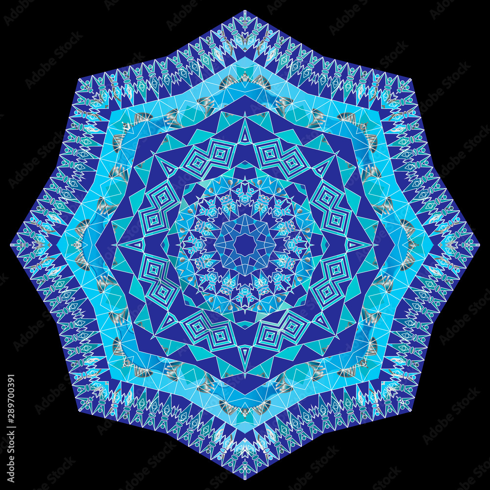 Ethnic ornamental vector blue mandala pattern. Decorative background. Tribal colorful ornament with rhombus, squares, triangles, lines, stripes, circles, zigzag. Elegance ornate mandala design.
