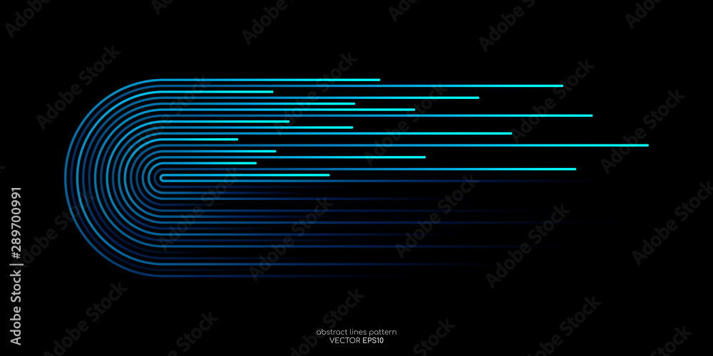 Vector half circles lines flowing dynamic pattern in blue green colors isolated on black background for concept of AI technology, digital, communication, science, music