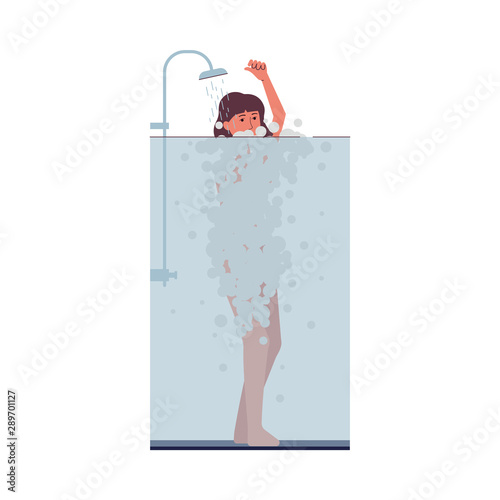 Woman taking a shower with cartoon foam bubbles covering her body