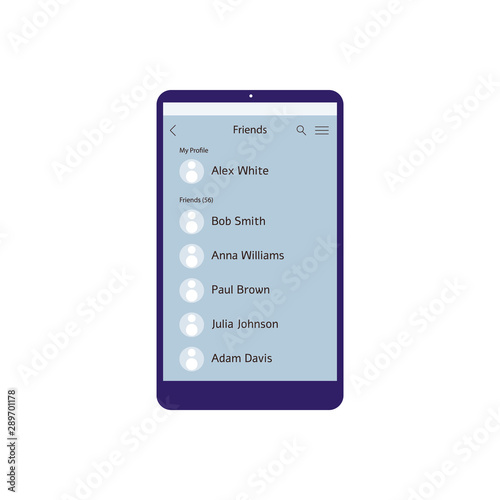 Mobile phone screen with friends contact list app