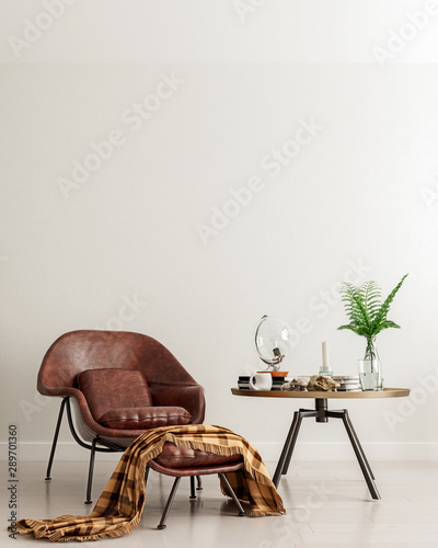 Mock up wall with brown leather chair and metal table in modern interior background, living room, moment for contemplation, Scandinavian style, 3D render, 3D illustration