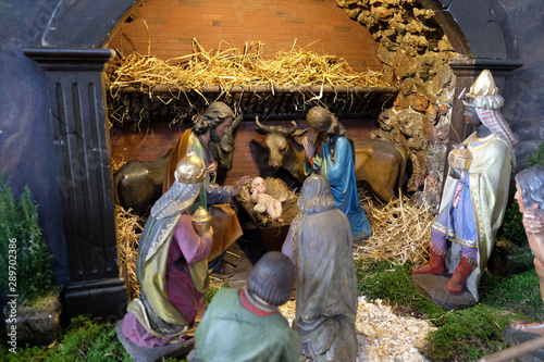 Nativity scene, creche, or crib, birth of Jesus in Barmherzigenkirche church in Graz, Styria, Austria 